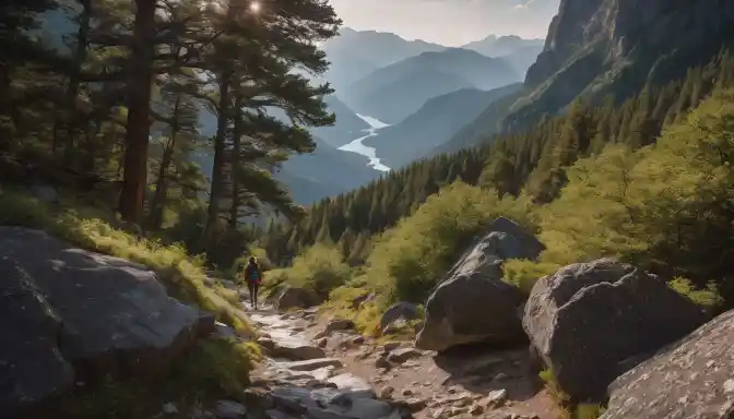 A person hiking in a scenic mountainous environment, captured with high-quality photography.