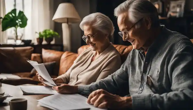 A retired couple sitting in their living room surrounded by financial documents.