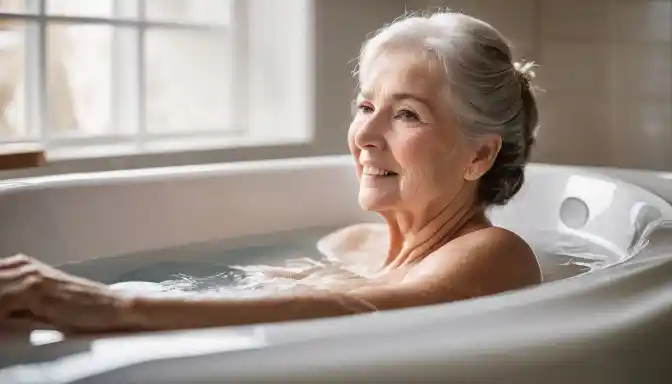 A senior woman relaxing in a walk-in bathtub with safety features.