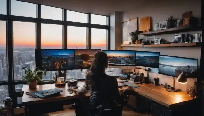 A person working from home at a tidy desk surrounded by technology and cityscape photography.