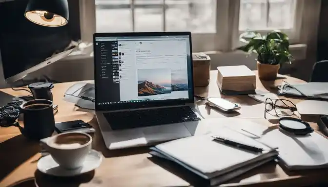 A busy office desk with laptop, bills, and magnifying glass.