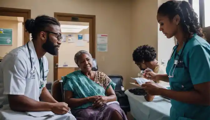 A diverse group of people receiving medical care at a community health center.