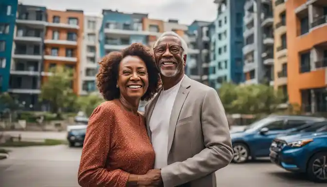 Elderly couple standing in front of affordable housing, smiling.