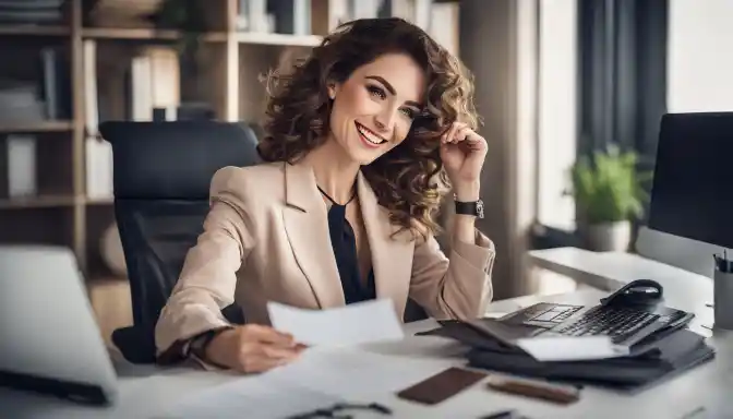 A woman celebrates promotion in an office setting with certificate.