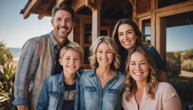 A happy family standing outside their home with a sturdy roof.