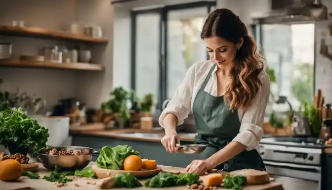 A woman preparing a balanced meal in a vibrant kitchen setting.