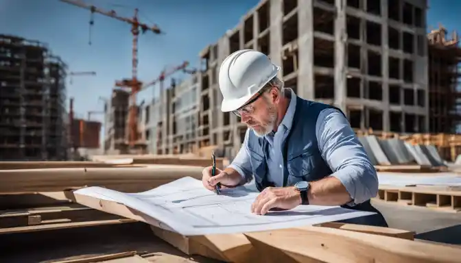 Experienced general contractor reviewing blueprints at construction site.