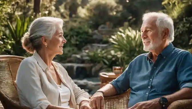 An elderly couple enjoying a peaceful outdoor setting surrounded by greenery.