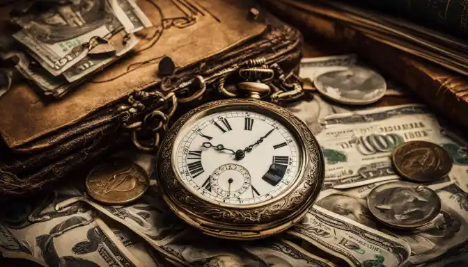 A pocket watch surrounded by stacks of currency in a vintage study.