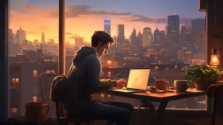 A young professional working in a cozy home office with a cityscape background.