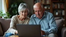 a man and woman looking at a laptop