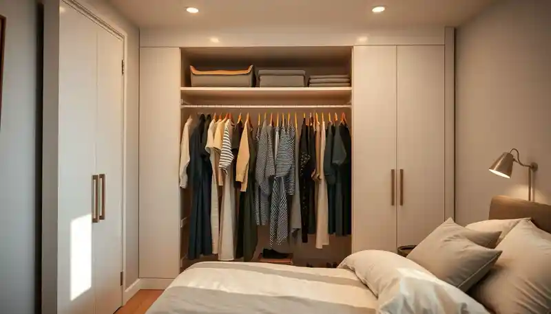 a closet with clothes on swingers