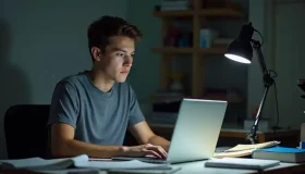 a man sitting at a desk using a laptop