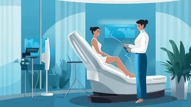 A person receiving CoolSculpting treatment in a modern spa.