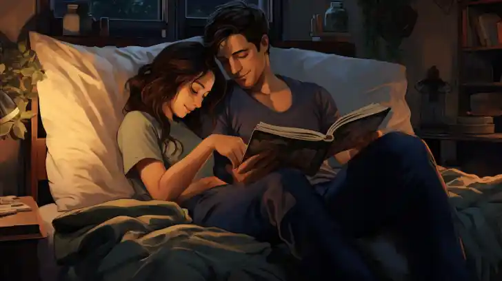 A couple reading in bed surrounded by adjustable pillows and a top-rated bed.