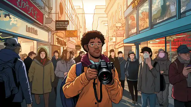 A person holds a camera in a crowded city marketplace.