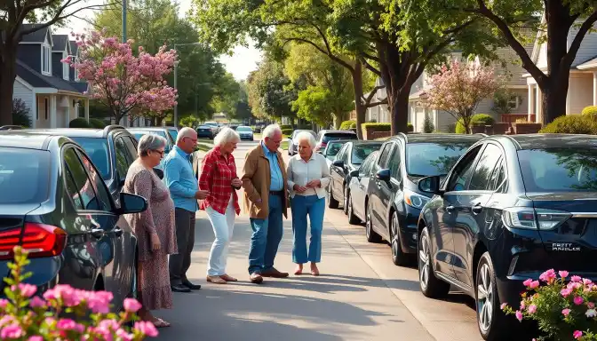 Seniors gathering around parked cars.