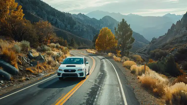 A person driving a Subaru on a winding mountain road.