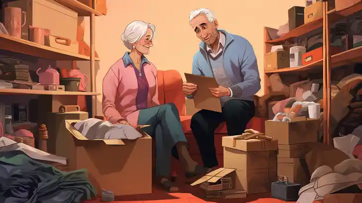 An elderly couple discussing and packing belongings amidst packed boxes.