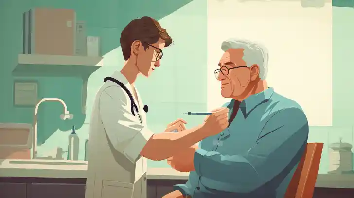 A senior receiving a high-dose flu shot in a doctor's office.