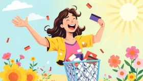 a woman throwing credit cards into a shopping basket