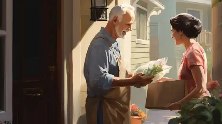 A delivery person drops off groceries at an elderly person's house.