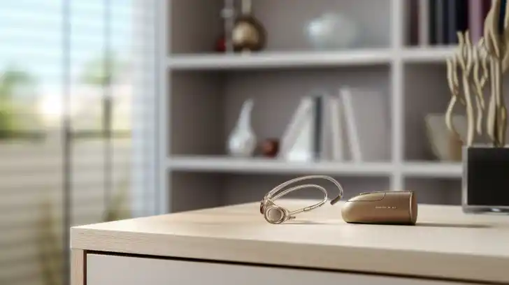 A modern behind-the-ear hearing aid displayed on a minimalistic desk.