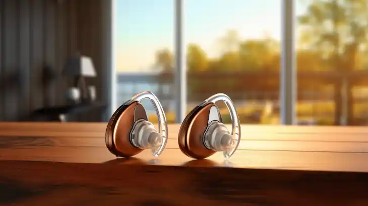 A pair of hearing aids on a wooden table surrounded by nature.