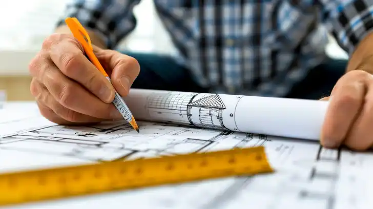 Home appraiser checks the measurements of a home blueprints.