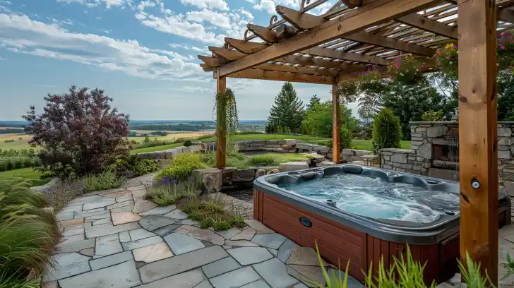 A modern hot tub surrounded by lush greenery.