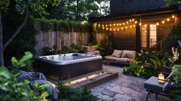 A backyard hot tub surrounded by lush greenery and bustling atmosphere.