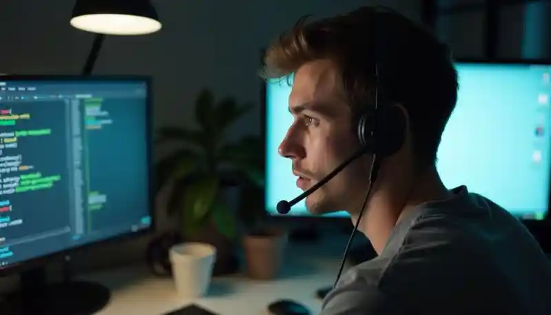 man on headset in front of computer