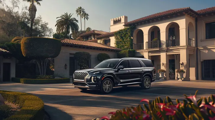 A 2024 Hyundai Palisade parked in front of a luxurious mansion.