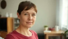 a woman in a red shirt