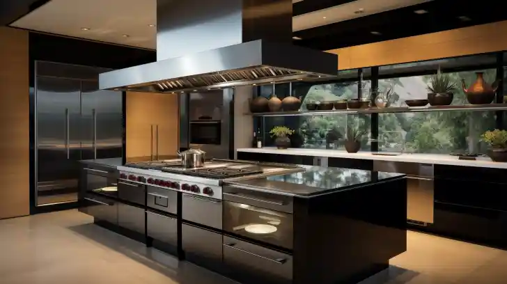 A modern kitchen with an automatic pan stirrer and various people.