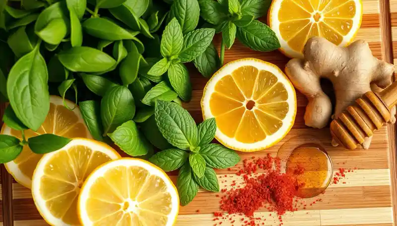 a lemons and herbs on a cutting board