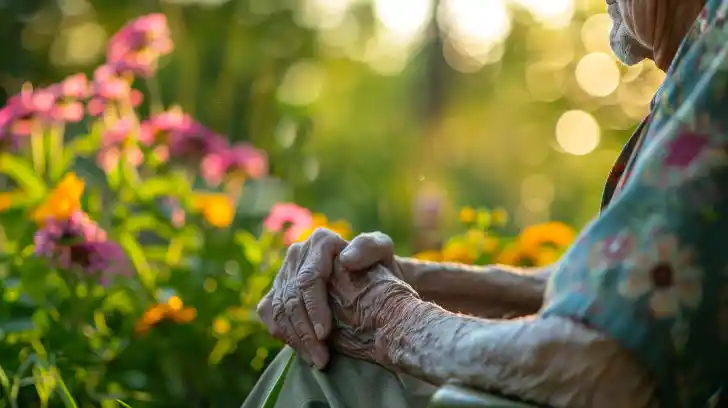 An elderly person with visible plaque psoriasis patches in a peaceful garden.