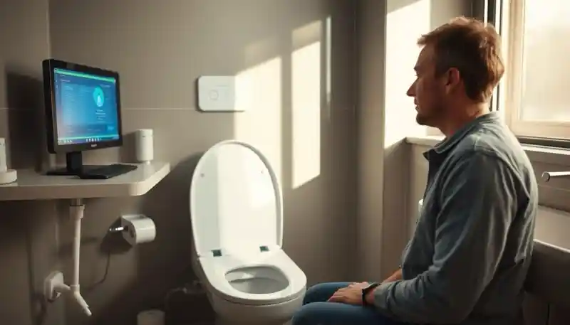 Man in bathroom with tablet