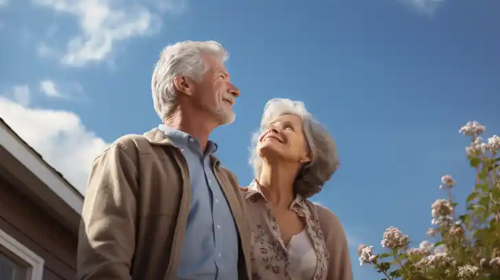 A senior couple inspecting a newly repaired roof of their home.