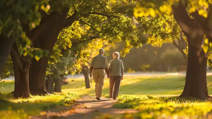 An elderly couple walking through a cleared neighborhood trail.