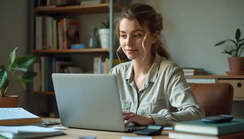 a woman sitting at a desk with a laptop