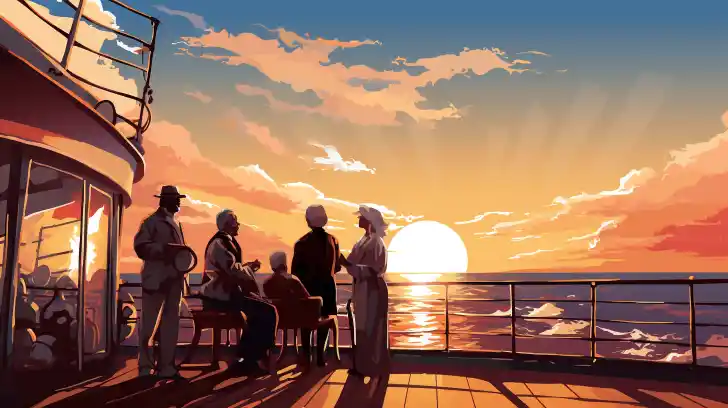 A group of seniors enjoying a sunset on a cruise ship deck.