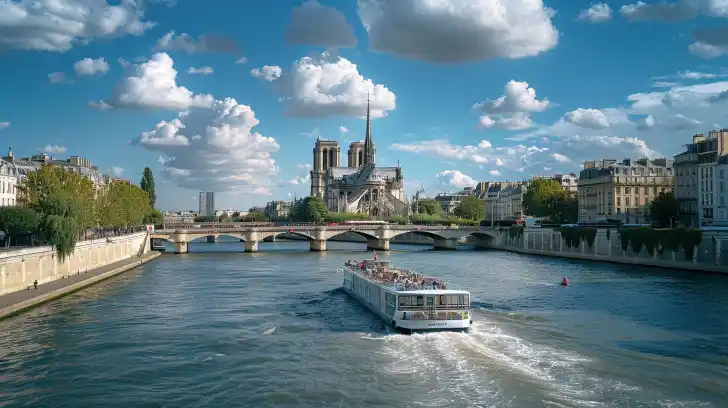 River cruise with castle beyond bridge