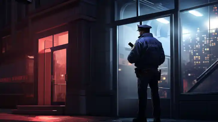 A security guard patrols a commercial building at night in the city.