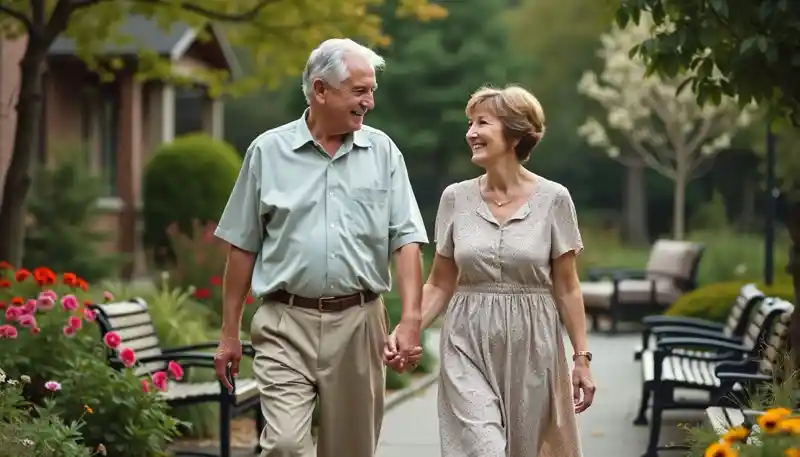 a man and woman holding hands and walking