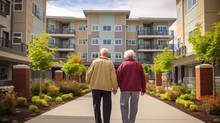 Elderly couple touring modern senior housing complex.