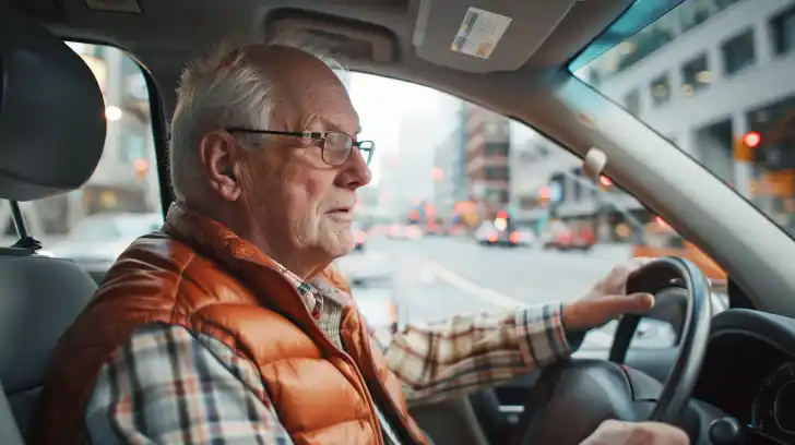 senior man driving in the city