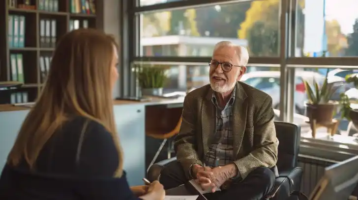 Senior man exploring auto insurance with salesperson