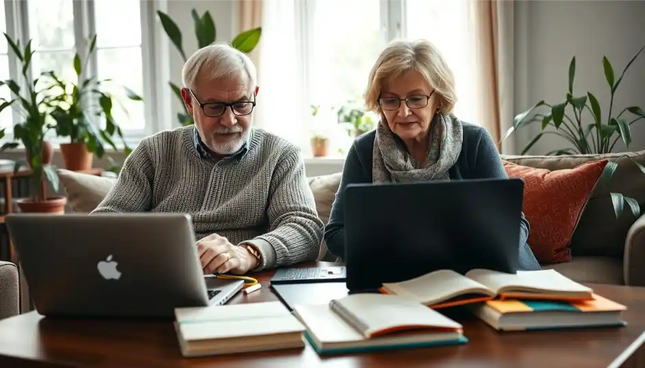 Senior couple looking at computers