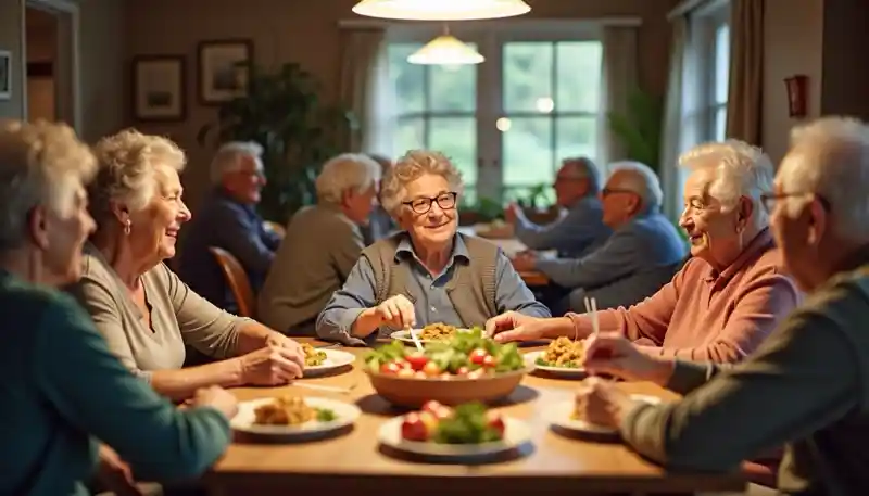 Seniors eating together